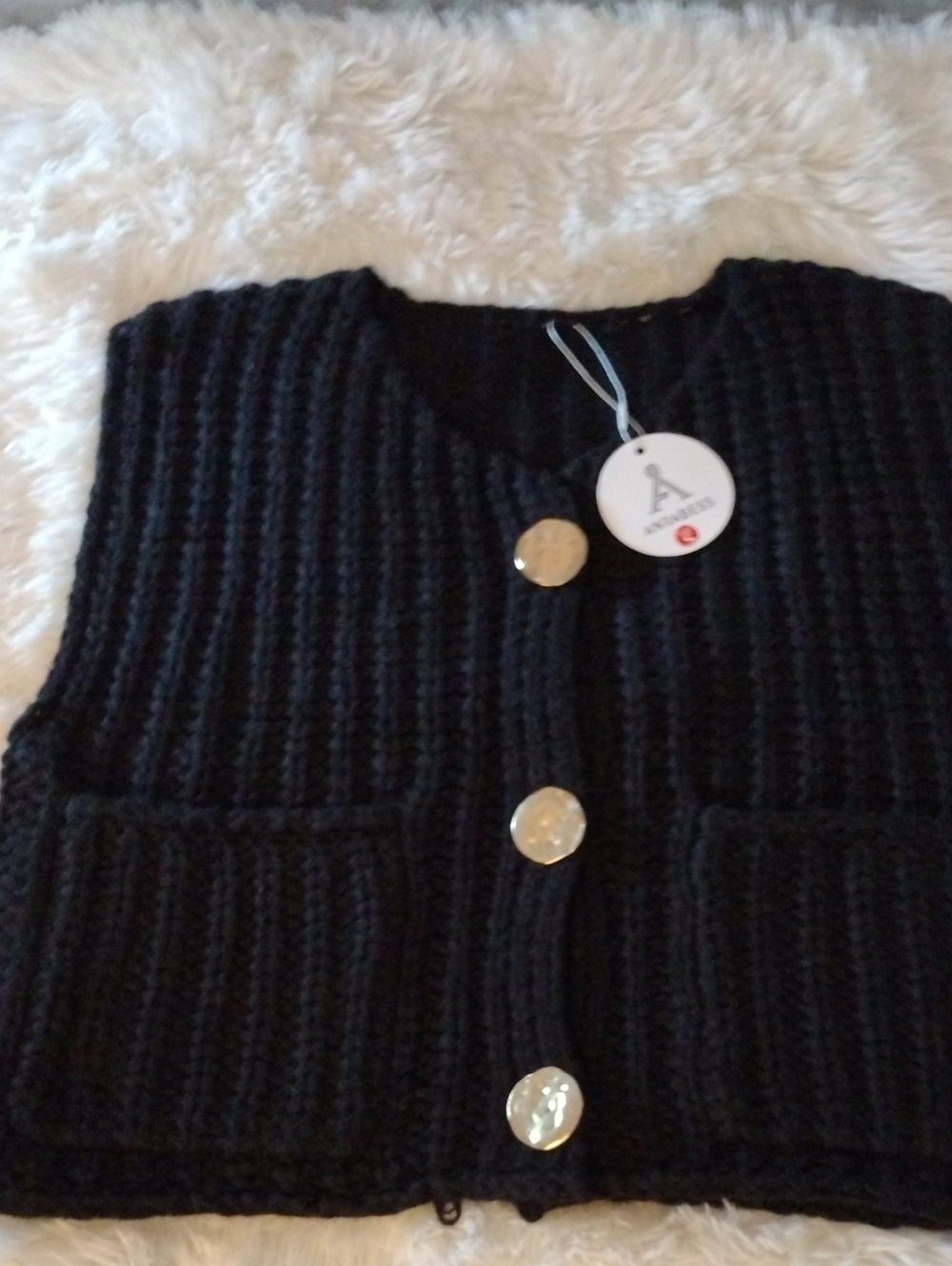 Black Chunky Knit Sleeveless Cardigan with Gold Buttons